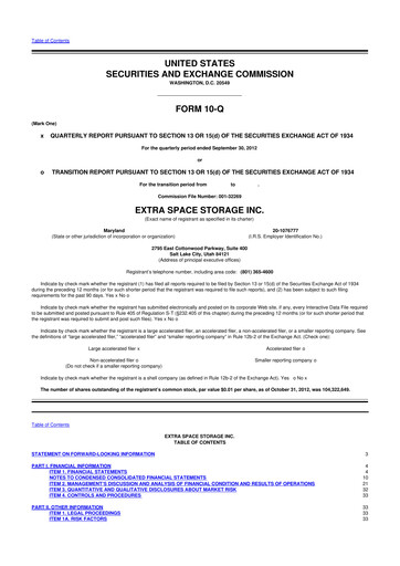 Miniature Extra Space Storage
 10-Q Rapport trimestriel 2012 