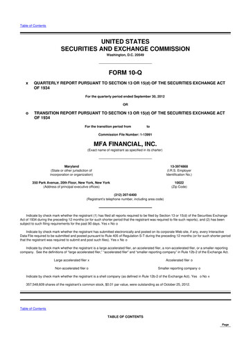 Thumbnail MFA Financial 10-Q Quarterly Report FY2012 
