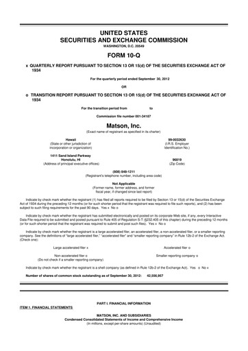 Thumbnail Matson 10-Q Quarterly Report FY2012 