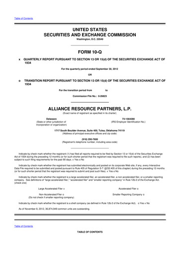 Vorschaubild Alliance Resource Partners 10-Q Quartalsbericht  