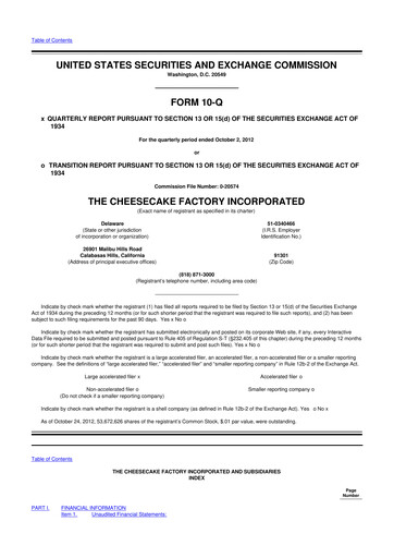 Vorschaubild The Cheesecake Factory
 10-Q Quartalsbericht 2012 