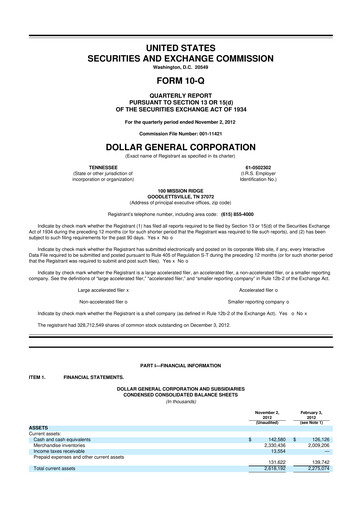 Miniature Dollar General 10-Q Rapport trimestriel 2012 