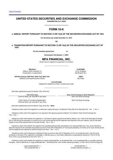 Thumbnail MFA Financial 10-K Annual Report 2012