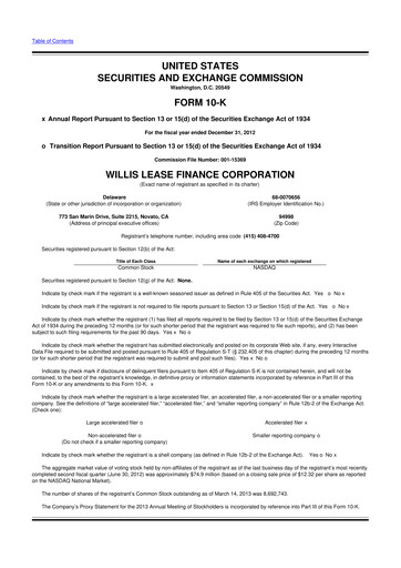 Thumbnail Willis Lease Finance Corporation 10-K Annual Report 2012