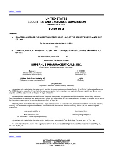 Thumbnail Supernus Pharmaceuticals
 10-Q Quarterly Report FY2013 