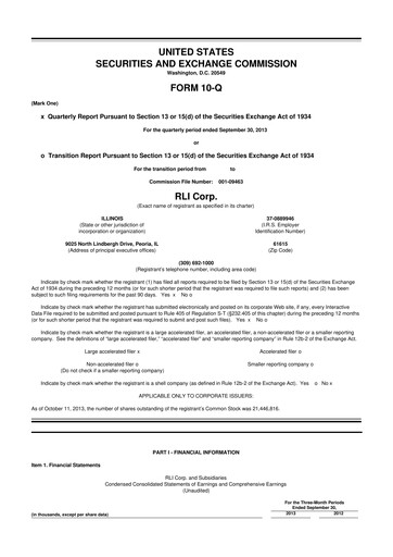 Thumbnail RLI Corp.
 10-Q Quarterly Report FY2013 