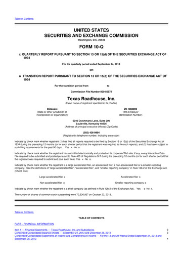Thumbnail Texas Roadhouse
 10-Q Quarterly Report FY2013 