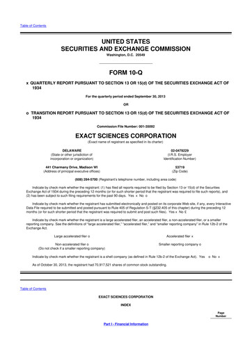 Miniature Exact Sciences 10-Q Rapport trimestriel 2013 