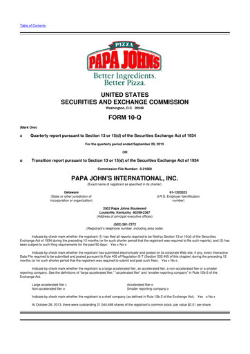 Thumbnail Papa John's Pizza
 10-Q Quarterly Report FY2013 