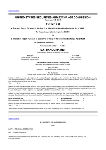 Thumbnail Stock Yards Bancorp 10-Q Quarterly Report FY2013 