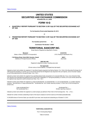 Miniature Territorial Bancorp
 10-Q Rapport trimestriel 2013 