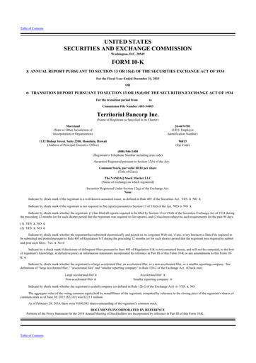 Thumbnail Territorial Bancorp
 10-K Annual Report 2013