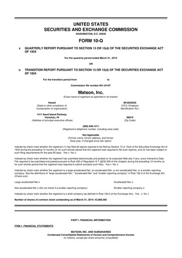 Thumbnail Matson 10-Q Quarterly Report FY2014 