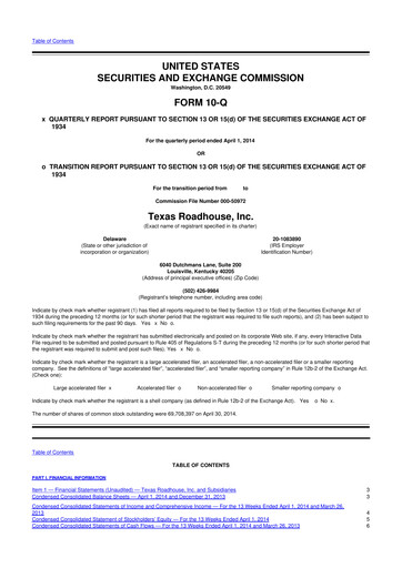 Thumbnail Texas Roadhouse
 10-Q Quarterly Report FY2014 