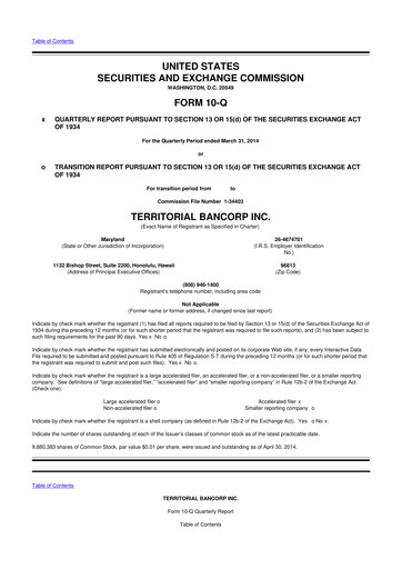 Miniature Territorial Bancorp
 10-Q Rapport trimestriel 2014 