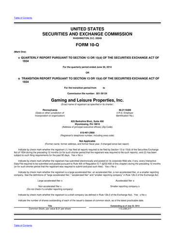 Thumbnail Gaming and Leisure Properties
 10-Q Quarterly Report FY2014 