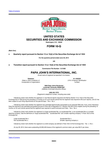 Thumbnail Papa John's Pizza
 10-Q Quarterly Report FY2014 
