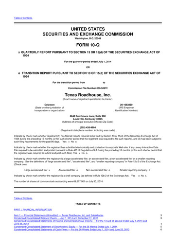 Thumbnail Texas Roadhouse
 10-Q Quarterly Report FY2014 