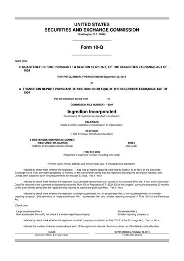 Thumbnail Ingredion 10-Q Quarterly Report FY2014 