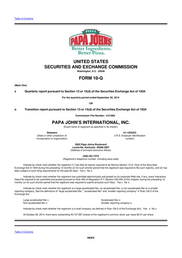 Thumbnail Papa John's Pizza
 10-Q Quarterly Report FY2014 