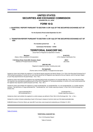 Miniature Territorial Bancorp
 10-Q Rapport trimestriel 2014 