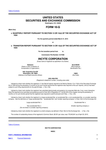 Thumbnail Incyte 10-Q Quarterly Report FY2015 