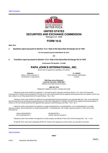 Thumbnail Papa John's Pizza
 10-Q Quarterly Report FY2015 