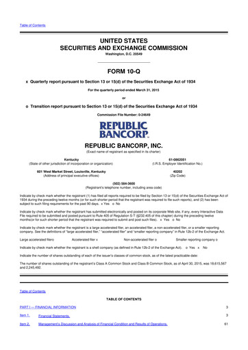 Thumbnail Republic Bank 10-Q Quarterly Report FY2015 