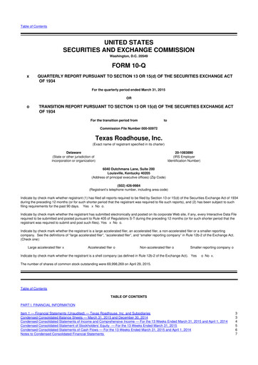 Thumbnail Texas Roadhouse
 10-Q Quarterly Report FY2015 