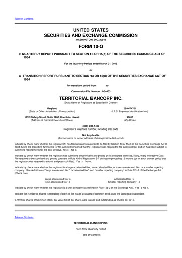 Miniature Territorial Bancorp
 10-Q Rapport trimestriel 2015 