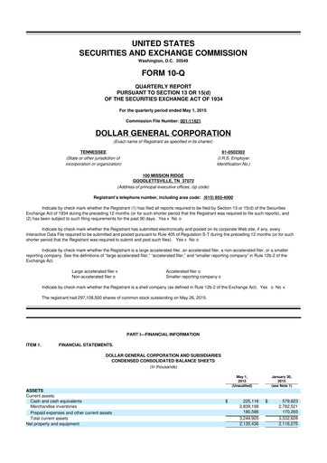 Miniature Dollar General 10-Q Rapport trimestriel 2015 