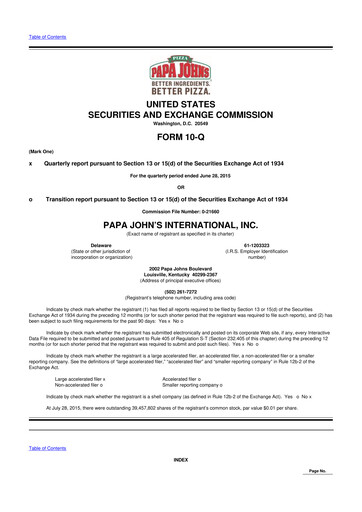 Thumbnail Papa John's Pizza
 10-Q Quarterly Report FY2015 