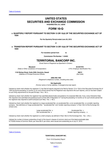 Miniature Territorial Bancorp
 10-Q Rapport trimestriel 2015 