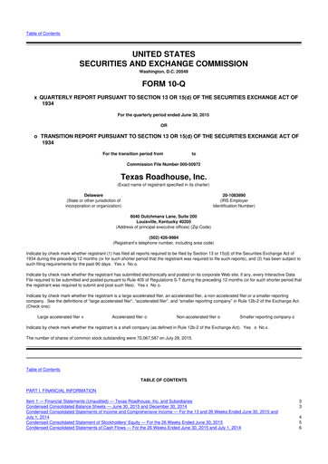 Thumbnail Texas Roadhouse
 10-Q Quarterly Report FY2015 