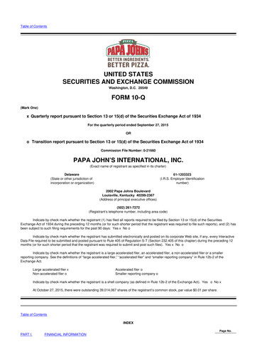 Thumbnail Papa John's Pizza
 10-Q Quarterly Report FY2015 