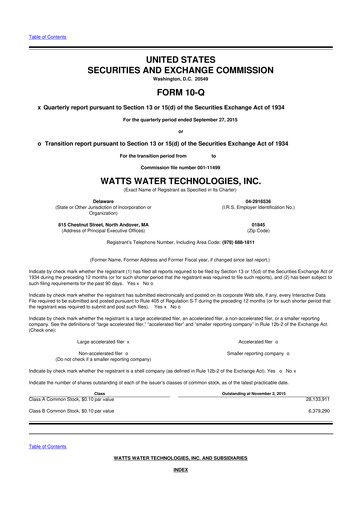 Miniature Watts Water Technologies
 10-Q Rapport trimestriel 2015 