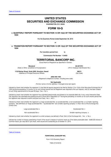 Miniature Territorial Bancorp
 10-Q Rapport trimestriel 2015 