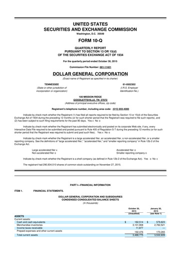 Miniature Dollar General 10-Q Rapport trimestriel 2015 