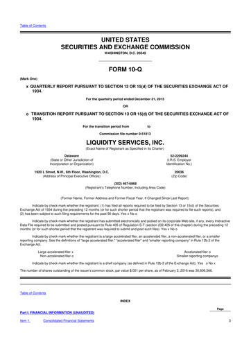 Miniature Liquidity Services
 10-Q Rapport trimestriel 2016 