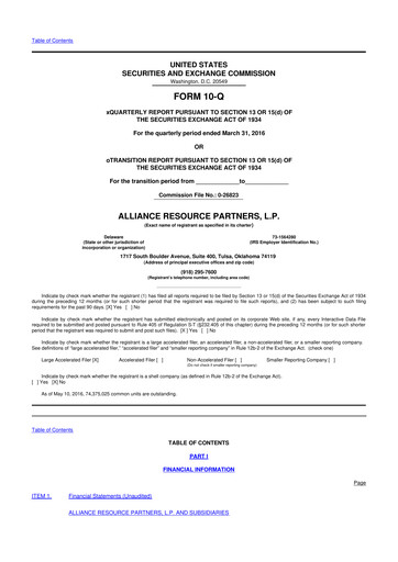 Vorschaubild Alliance Resource Partners 10-Q Quartalsbericht  