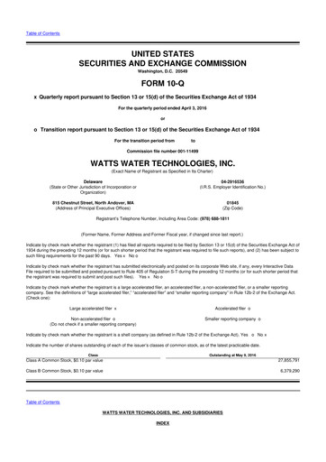 Miniature Watts Water Technologies
 10-Q Rapport trimestriel 2016 
