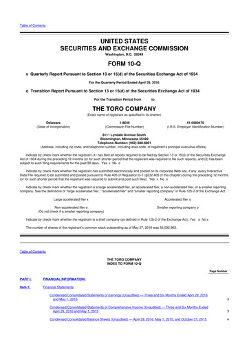 Thumbnail The Toro Company
 10-Q Quarterly Report FY2016 