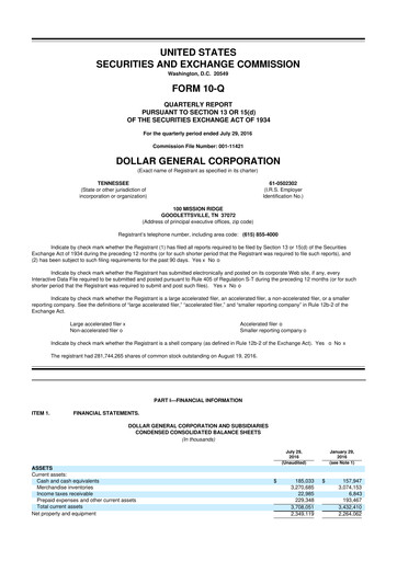 Miniature Dollar General 10-Q Rapport trimestriel 2016 