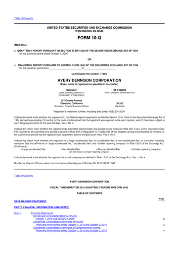 Miniature Avery Dennison
 10-Q Rapport trimestriel 2016 
