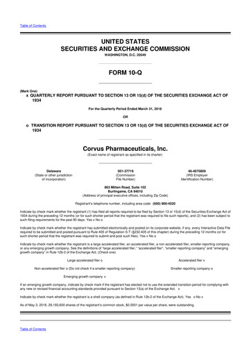 Thumbnail Corvus Pharmaceuticals
 10-Q Quarterly Report FY2018 