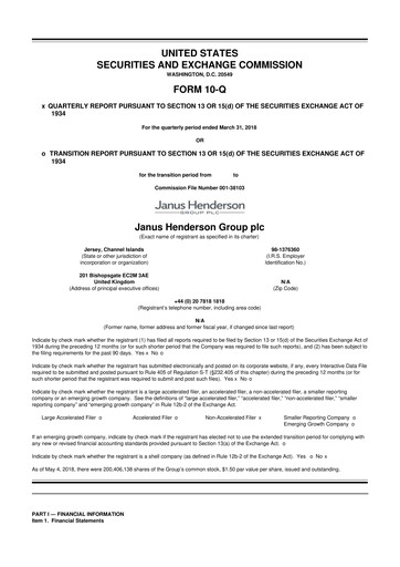 Miniature Janus Henderson
 10-Q Rapport trimestriel 2018 
