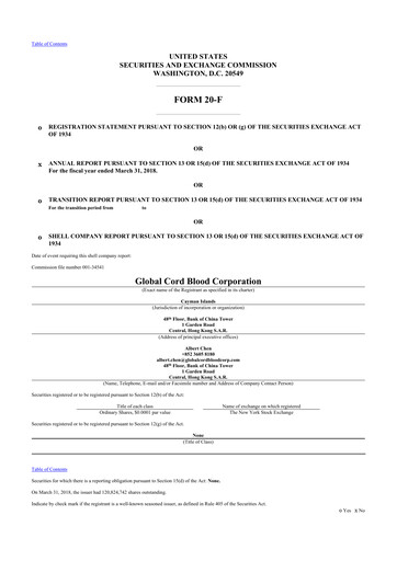 Thumbnail Global Cord Blood 20-F Annual Report 2018