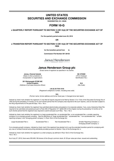 Miniature Janus Henderson
 10-Q Rapport trimestriel 2018 