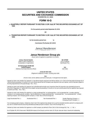 Miniature Janus Henderson
 10-Q Rapport trimestriel 2018 