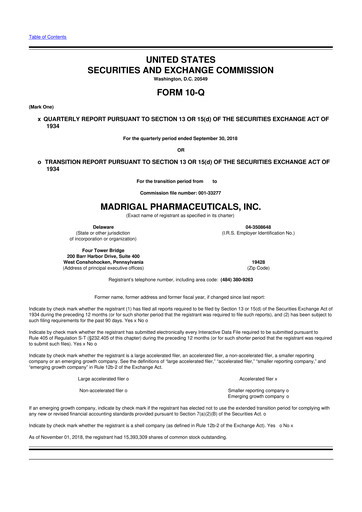 Thumbnail Madrigal Pharmaceuticals
 10-Q Quarterly Report FY2018 